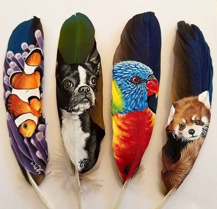 Реалистичные портреты животных на перьях птиц (13 фото)